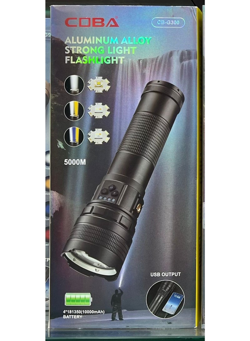 مصباح يدوي LED قابل لإعادة الشحن CB-G300 مدى طويل 5000م، وظيفة بنك الطاقة، ضوء جانبي COB، عرض رقمي للبطارية، مصباح من سبائك الألمنيوم